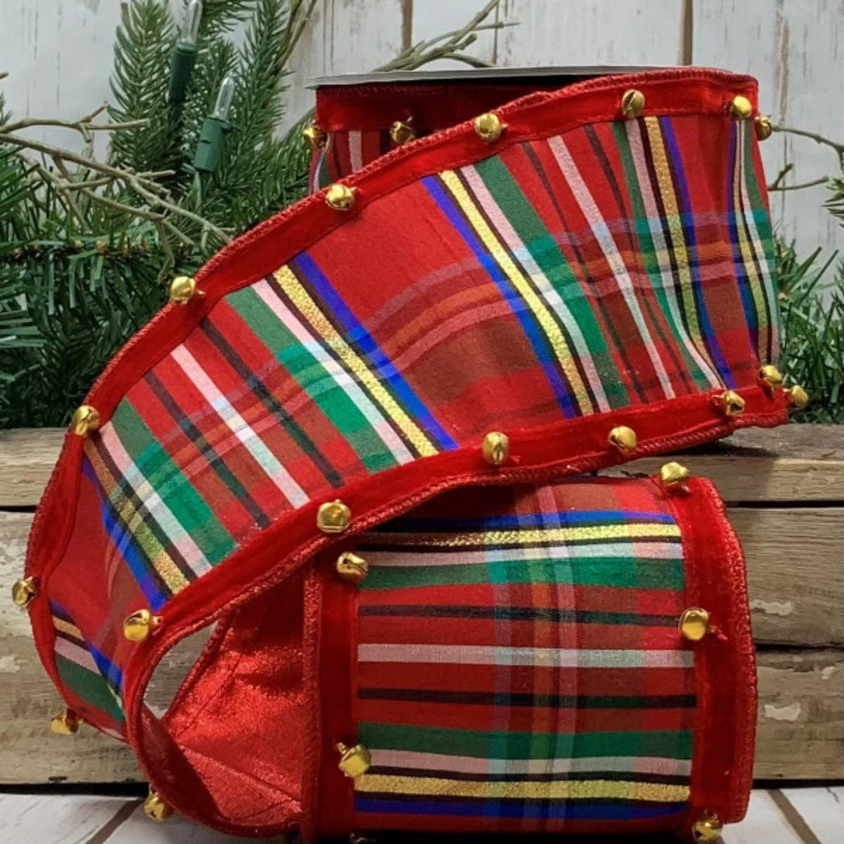 4" x 5yds faux dupion traditional plaid bell edge, red blue green