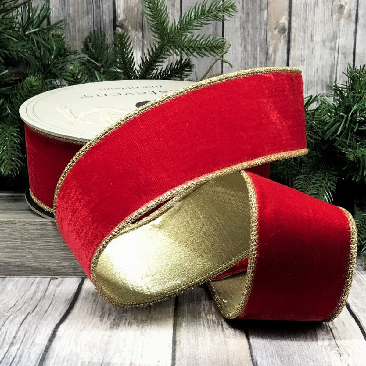 2.5"x 10yds velvet glitter gold trim, red