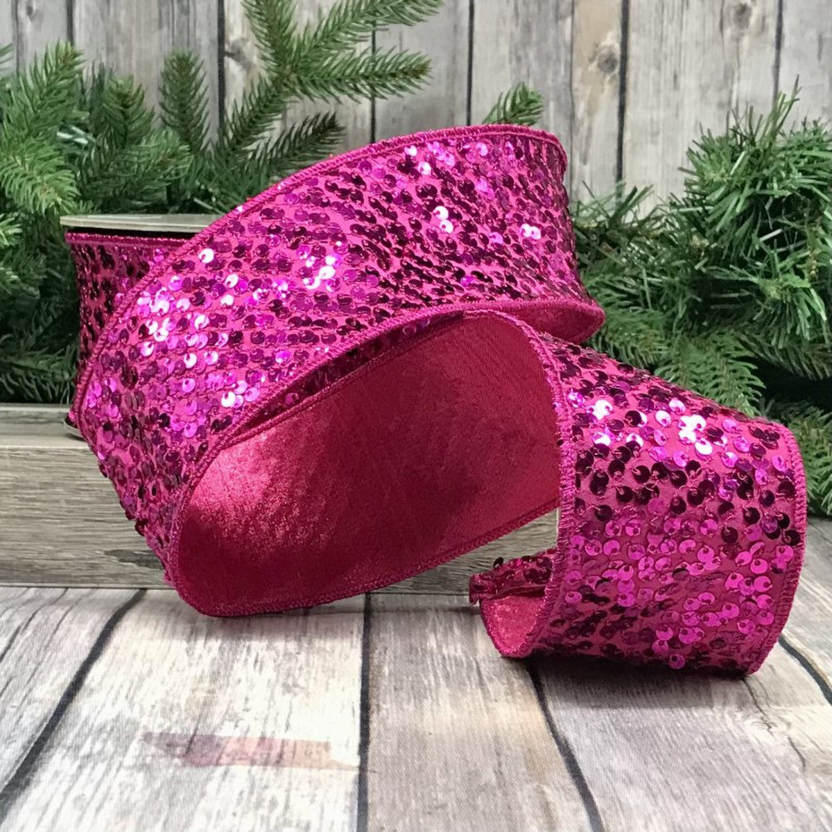 2.5" x 10yds sequins metallic hot pink back, hot pink - Burlap and Bling Decor