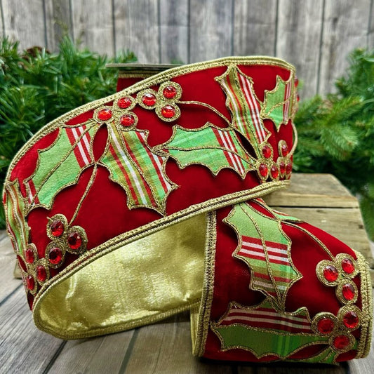 4” x 5yds velvet jewel north pole plaid holly, red - Burlap and Bling Decor