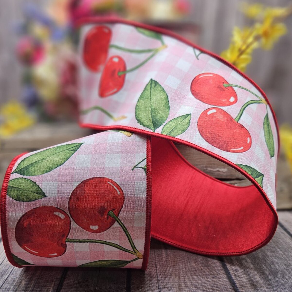 4“ X 10YDS DUPION GINGHAM CHERRIES, PINK WHITE RED WIRED RIBBON - Burlap and Bling Decor
