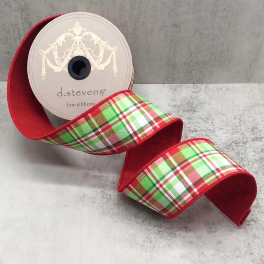 2.5“ x 10yds dupion jackson plaid red back, red apple green white - Burlap and Bling Decor