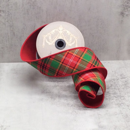 2.5“ X 10YDS DUPION DIAGONAL ASHER PLAID RED BACK, RED GREEN WHITE WIRED RIBBON - Burlap and Bling Decor