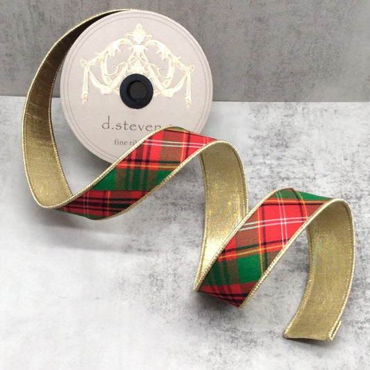 1.5” x 10yds dupion diagonal asher plaid metallic gold back, red green white - Burlap and Bling Decor