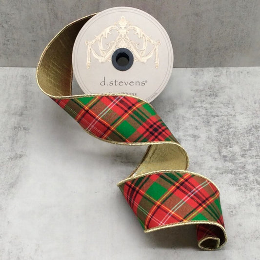 2.5“ x 10yds dupion diagonal asher plaid metallic gold back, red green white - Burlap and Bling Decor