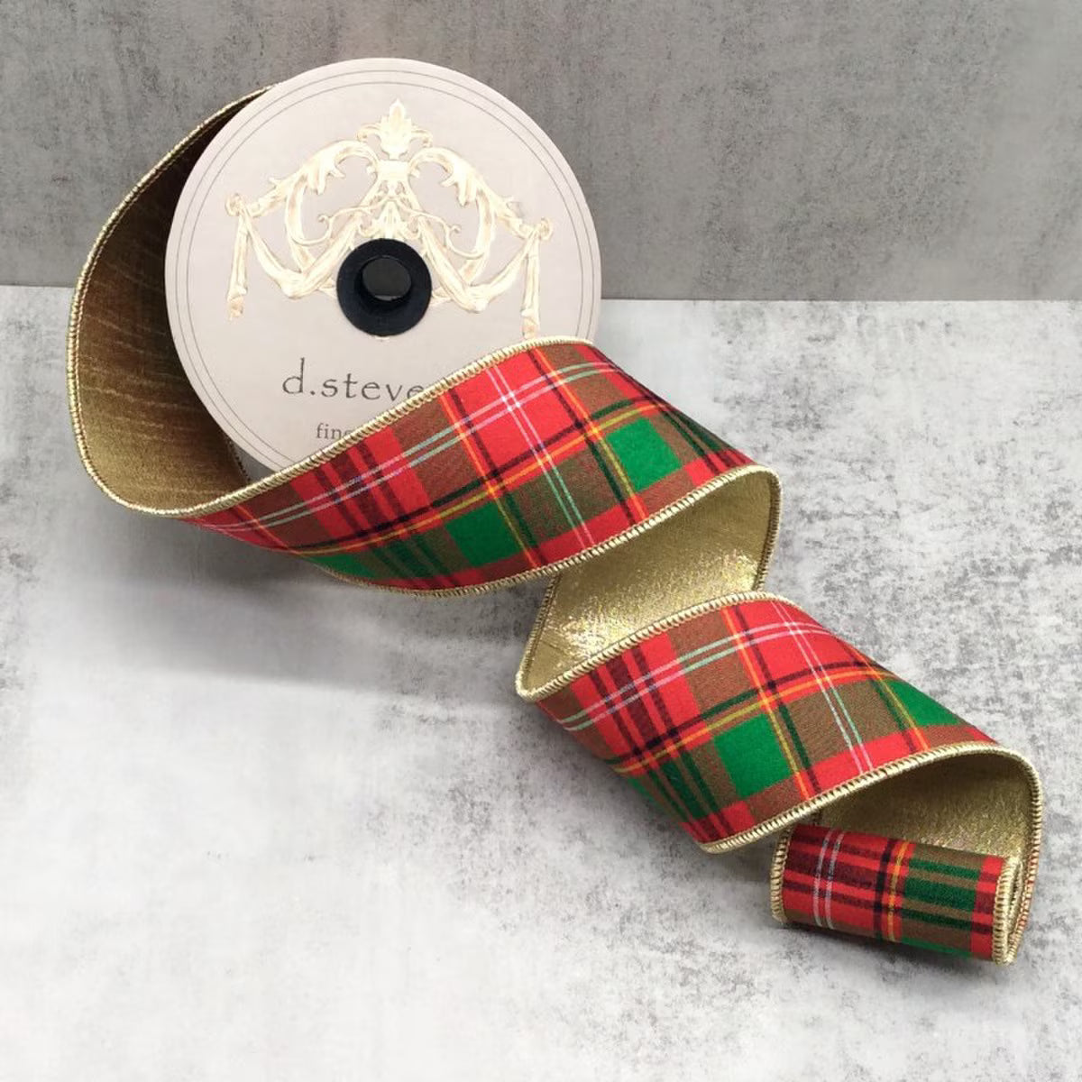 2.5" x 10yds dupion asher plaid metallic gold back, red green white
