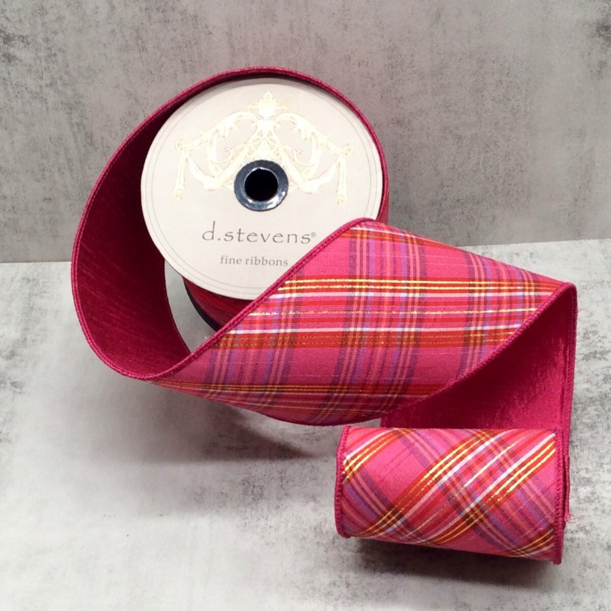 4" x 10yds dupion diagonal plaid gold lurex, red hot pink white - Burlap and Bling Decor