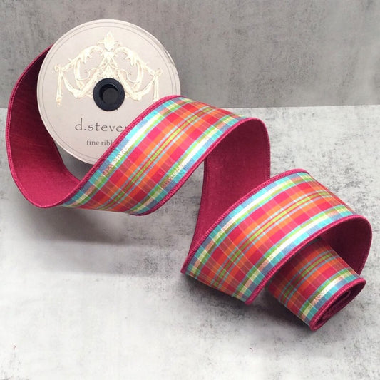 2.5” x 10yds dupion dewdrop plaid, hot pink orange