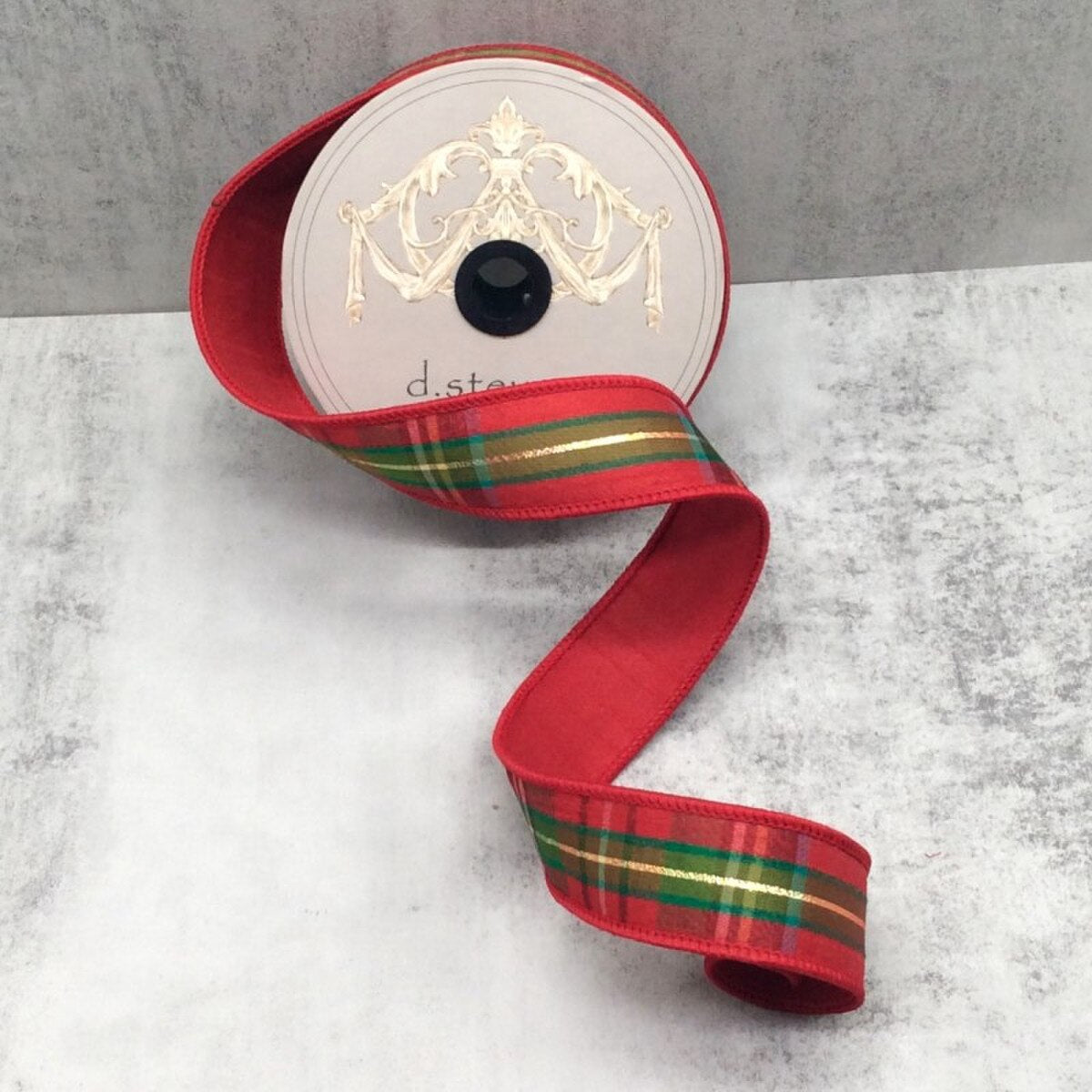 1.5“ x 10yds dupion juniper plaid metallic gold thread, dark green moss green red - Burlap and Bling Decor