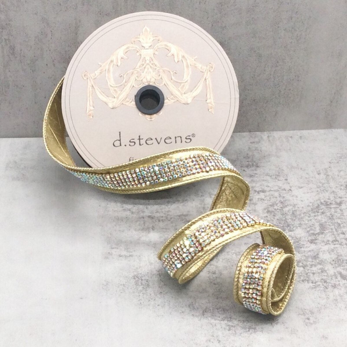1" x 5yds metallic dupion duchess aurora borealis jewel center, gold - Burlap and Bling Decor