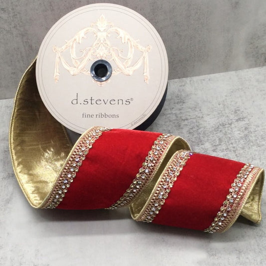 4" x 5yds velvet gold jewel side trim, red