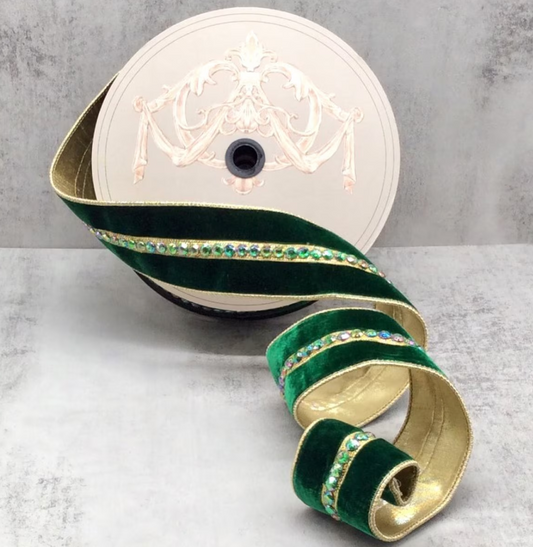 2.5" x 10yds velvet matching jewel center trim gold back, emerald