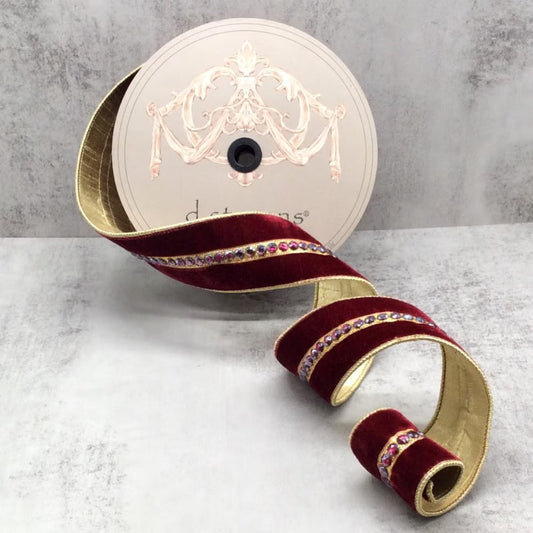 2.5“ x 10yds velvet matching jewel center trim gold back, burgundy Wired Ribbon - Burlap and Bling Decor