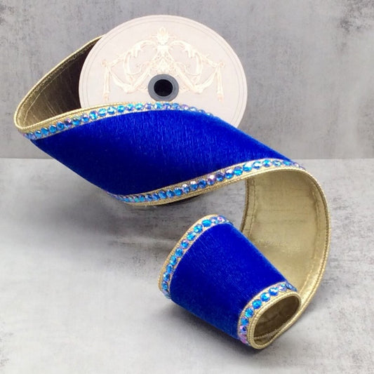 4“ x 5yds velvet matching jewel side trim gold back, royal blue - Burlap and Bling Decor