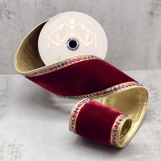 4" x 5yds velvet matching jewel side trim gold back, burgundy