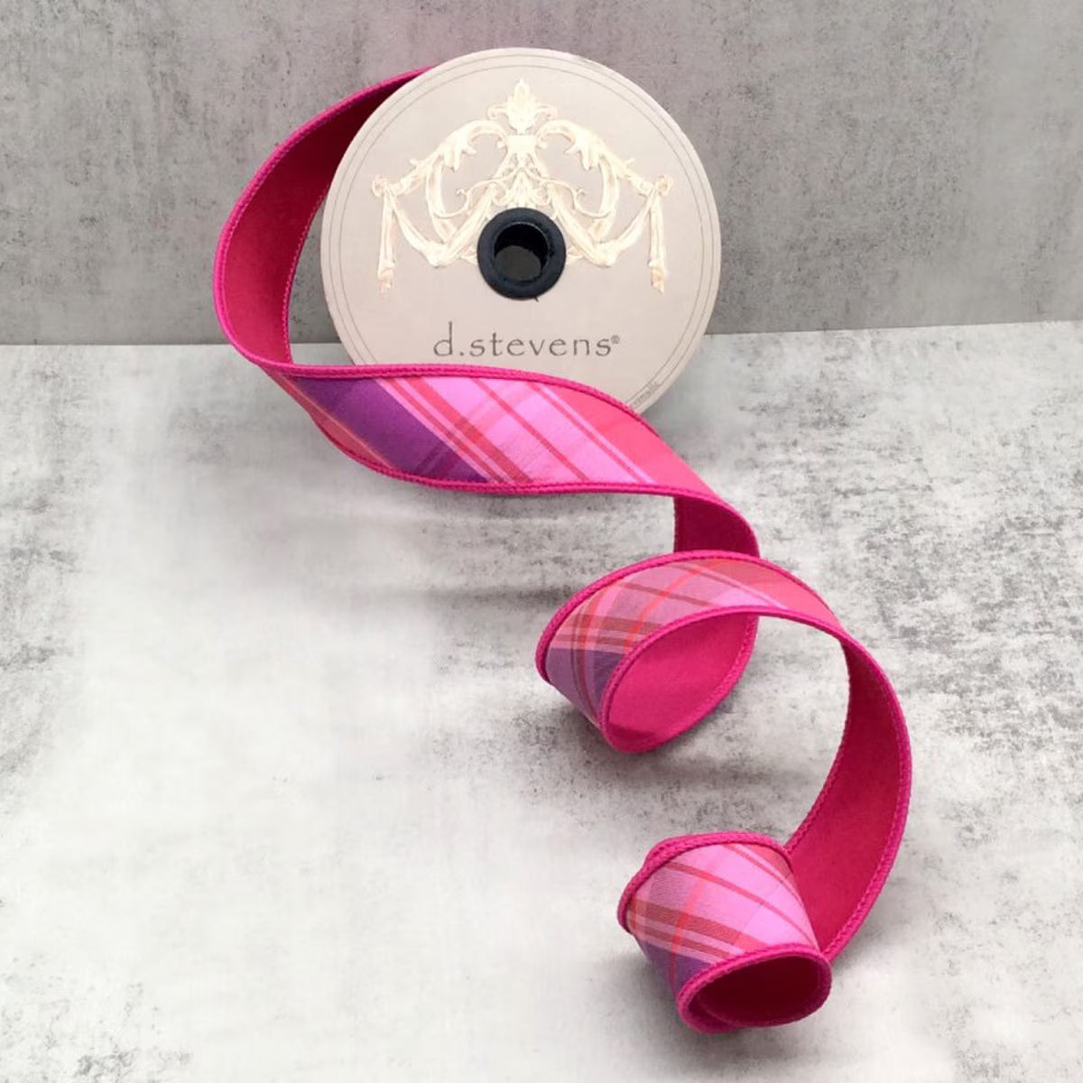 1.5” x 10yds dupion raspberry swirl diagonal plaid, pink purple