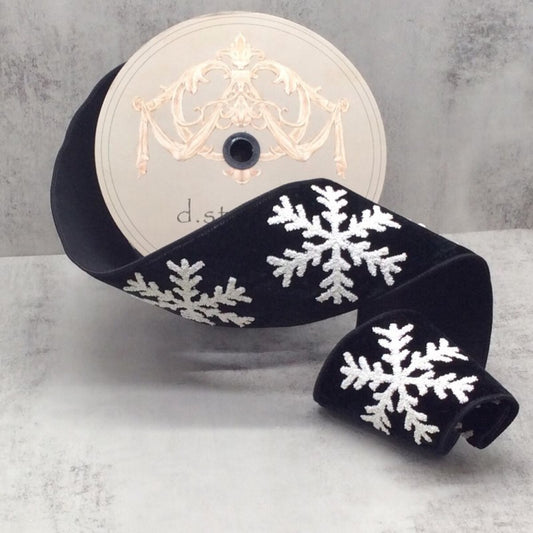4“ x 10yds velvet white matte glitter snowflake, black - Burlap and Bling Decor
