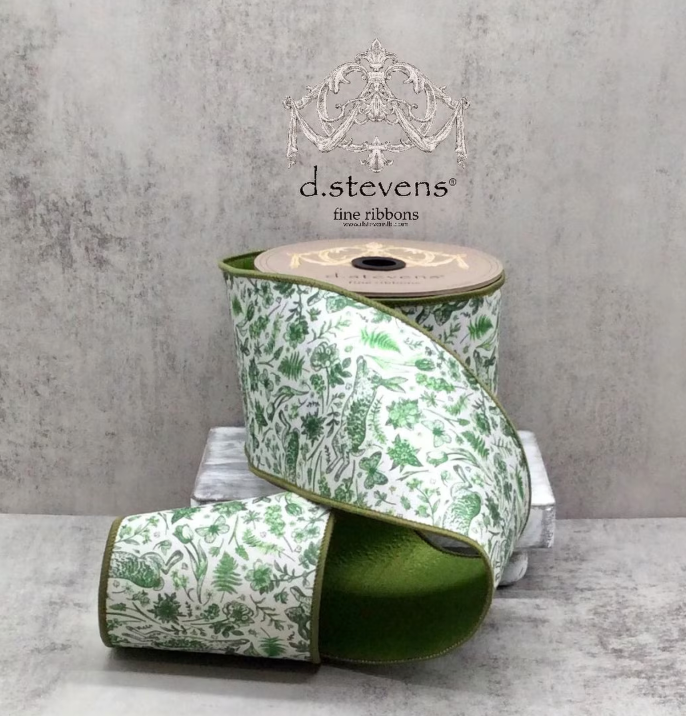 4" x 10yds dupion forest green floral pattern with rabbit, white - Burlap and Bling Decor