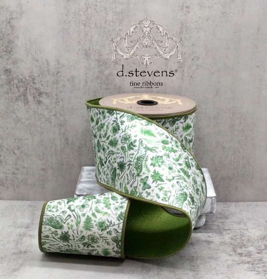 4" x 10yds dupion forest green floral pattern with rabbit, white - Burlap and Bling Decor