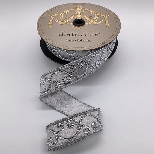 1.25" x 10yds metallic dupion clear scroll jewel trim, silver wired ribbon