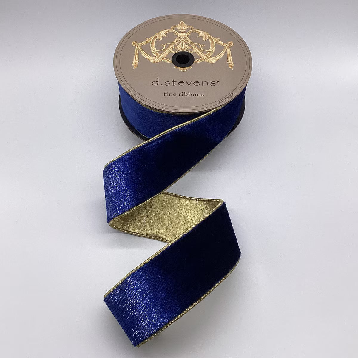 2.5" x 10yds ice velvet metallic gold back, navy blue