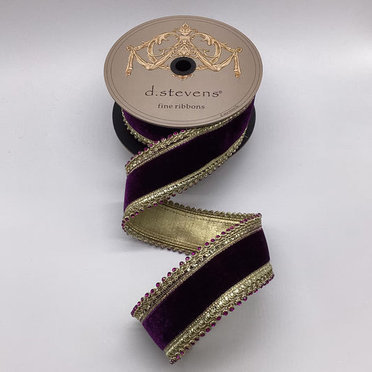 2.5”x 5yds velvet petite purple jewel edge, purple wired ribbon - Burlap and Bling Decor
