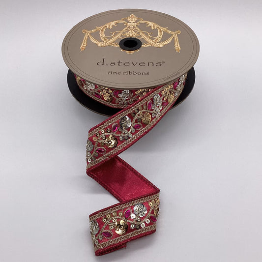 1.5" x 10yds metallic dupion jewel sequin floral trim, hot pink