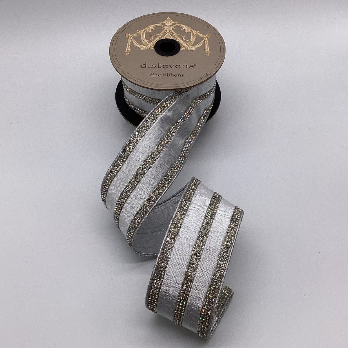 2.5“ X 5YDS METALLIC DUPION CLEAR CRYSTAL JEWEL STRIPE, SILVER WIRED RIBBON - Burlap and Bling Decor