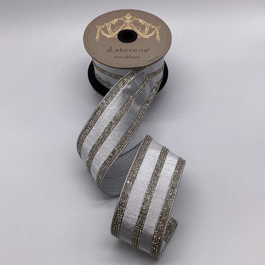 2.5“ X 5YDS METALLIC DUPION CLEAR CRYSTAL JEWEL STRIPE, SILVER WIRED RIBBON - Burlap and Bling Decor