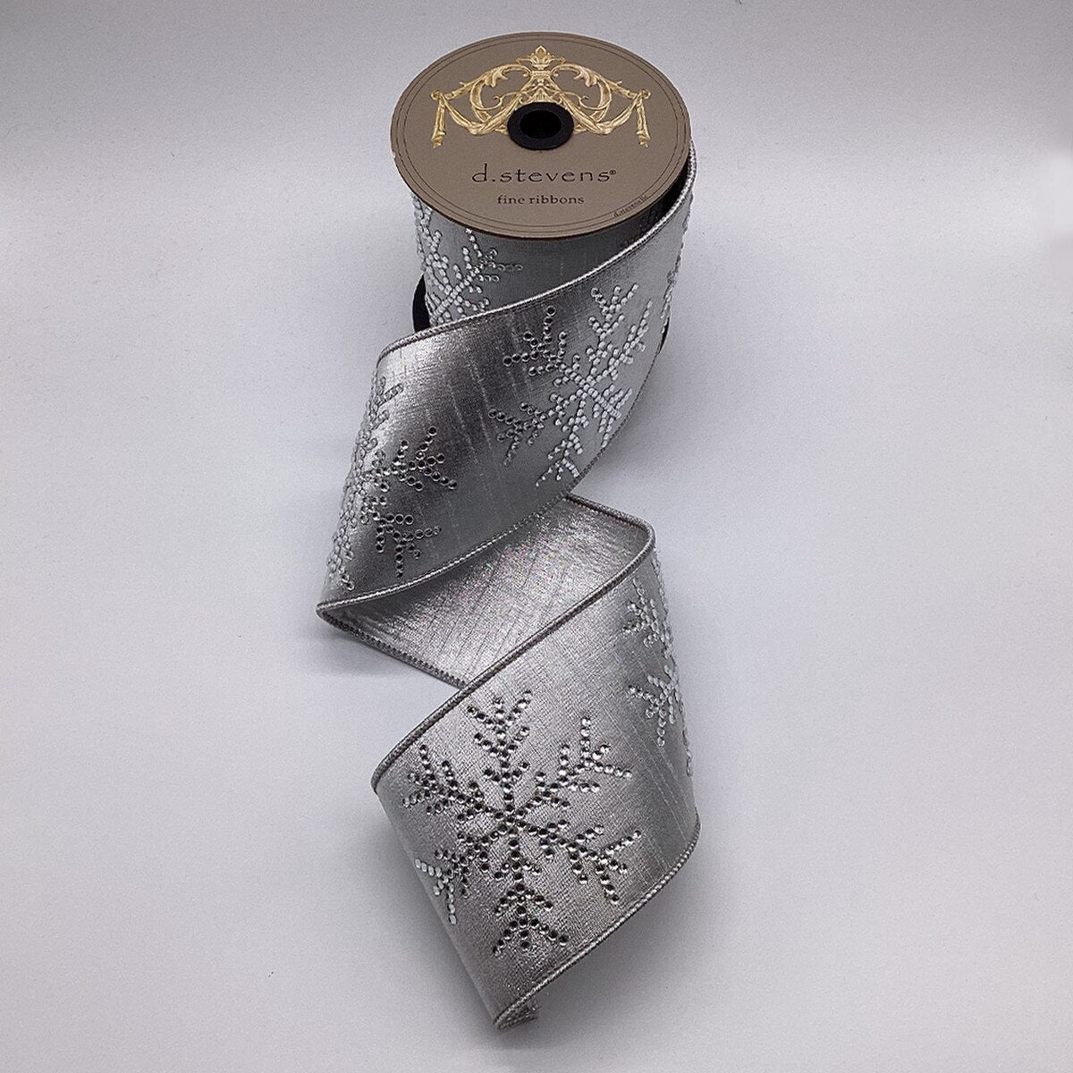 4” X 5YDS METALLIC DUPION CLEAR CRYSTAL SNOWFLAKE, SILVER WIRED RIBBON - Burlap and Bling Decor