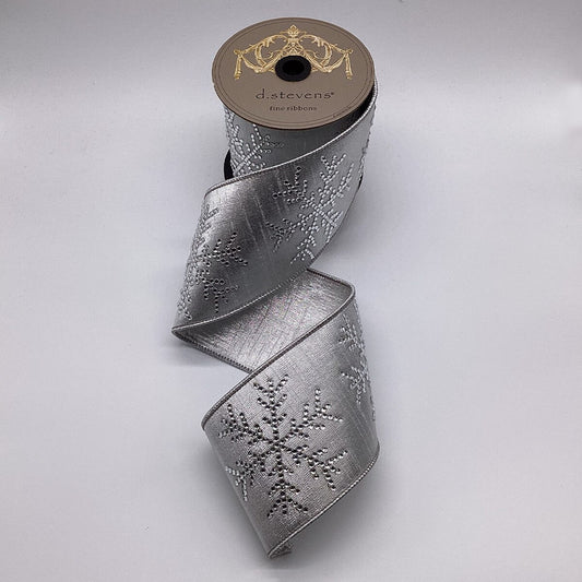 4” X 5YDS METALLIC DUPION CLEAR CRYSTAL SNOWFLAKE, SILVER WIRED RIBBON - Burlap and Bling Decor