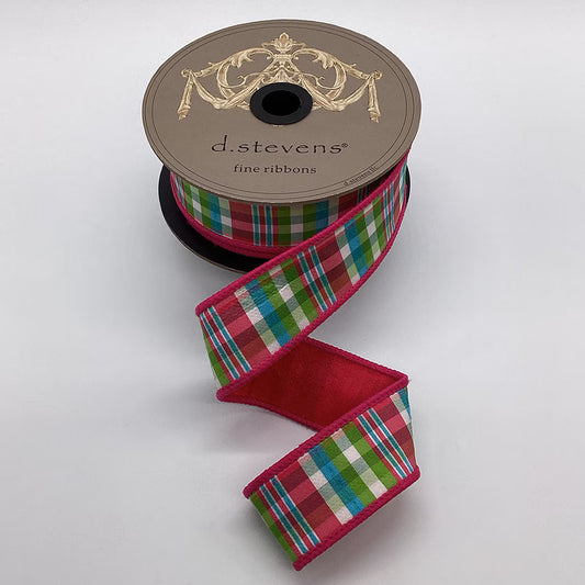 1.5” X 10YDS DUPION PLAID, HOT PINK/LIME WHITE ICE BLUE WIRED RIBBON - Burlap and Bling Decor
