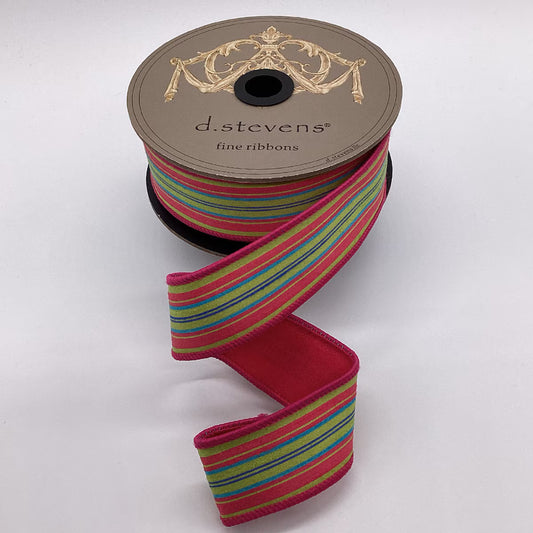 1.5” X 10YDS DUPION MULTI STRIPE, LIME HOT PINK TEAL WIRED RIBBON - Burlap and Bling Decor