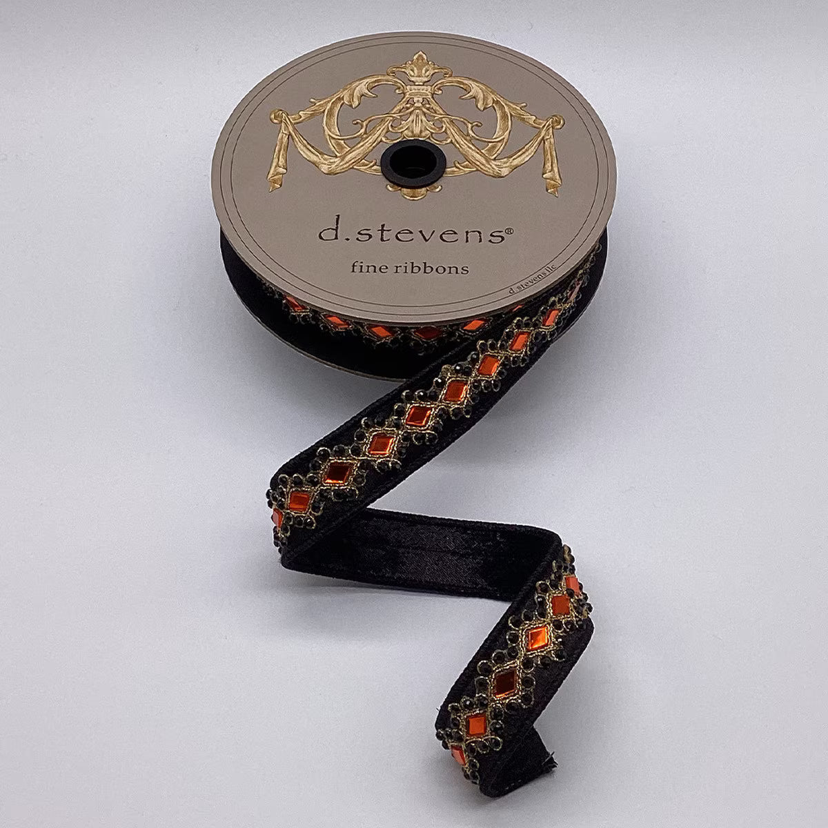 1“ X 5YDS METALLIC DUPION ORANGE BLACK JEWELS, BLACK WIRED RIBBON - Burlap and Bling Decor