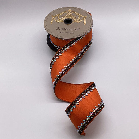 2.5” X 5YDS METALLIC DUPION IRIS JEWEL TRIM, ORANGE BLACK WIRED RIBBON - Burlap and Bling Decor