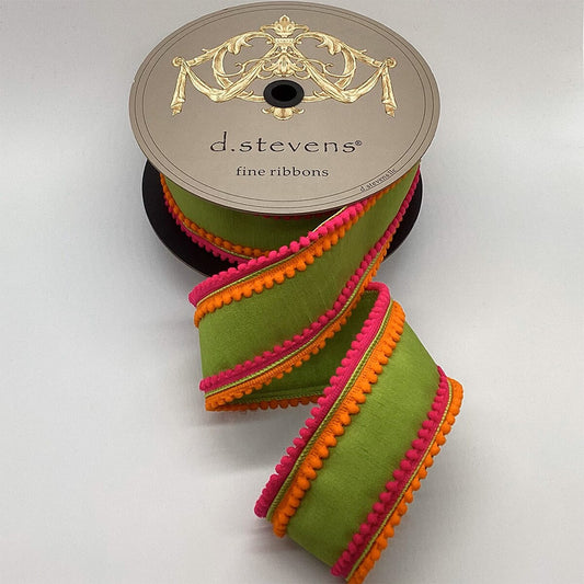 3" x 10yds dupion hot pink orange pom pom trim, lime