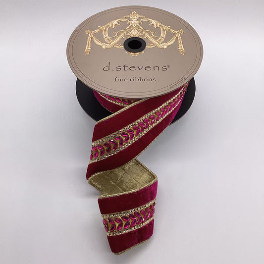 2.5” X 5YDS VELVET HOT PINK GOLD JEWEL CENTER TRIM, FUCHSIA WIRED RIBBON - Burlap and Bling Decor