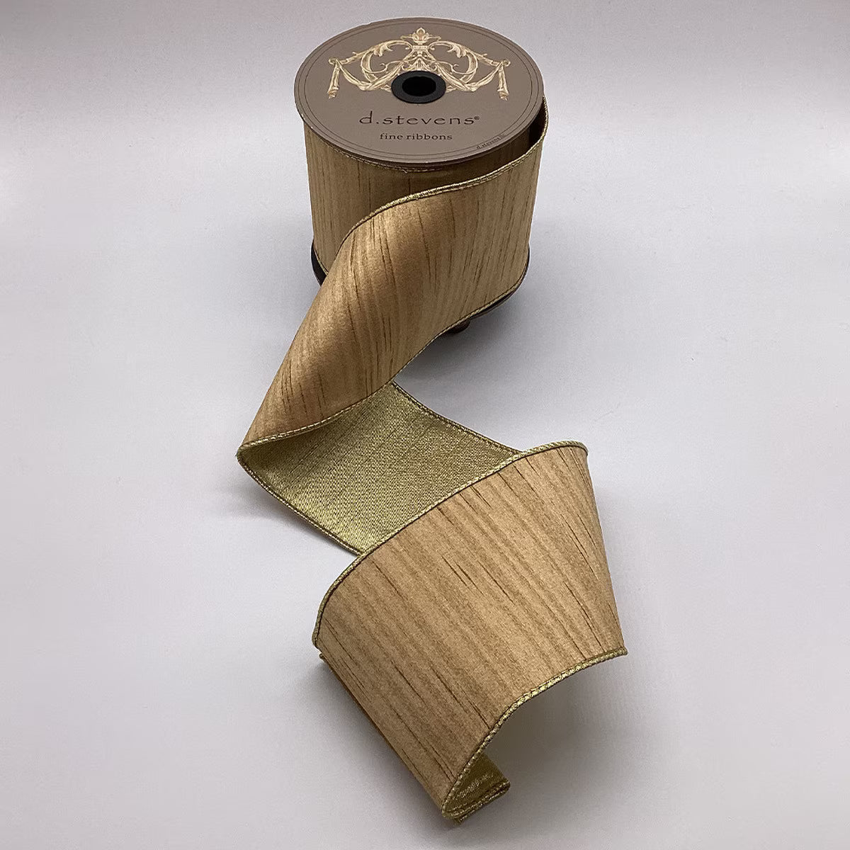 4" x 10yds slub dupion metallic gold back, dark almond