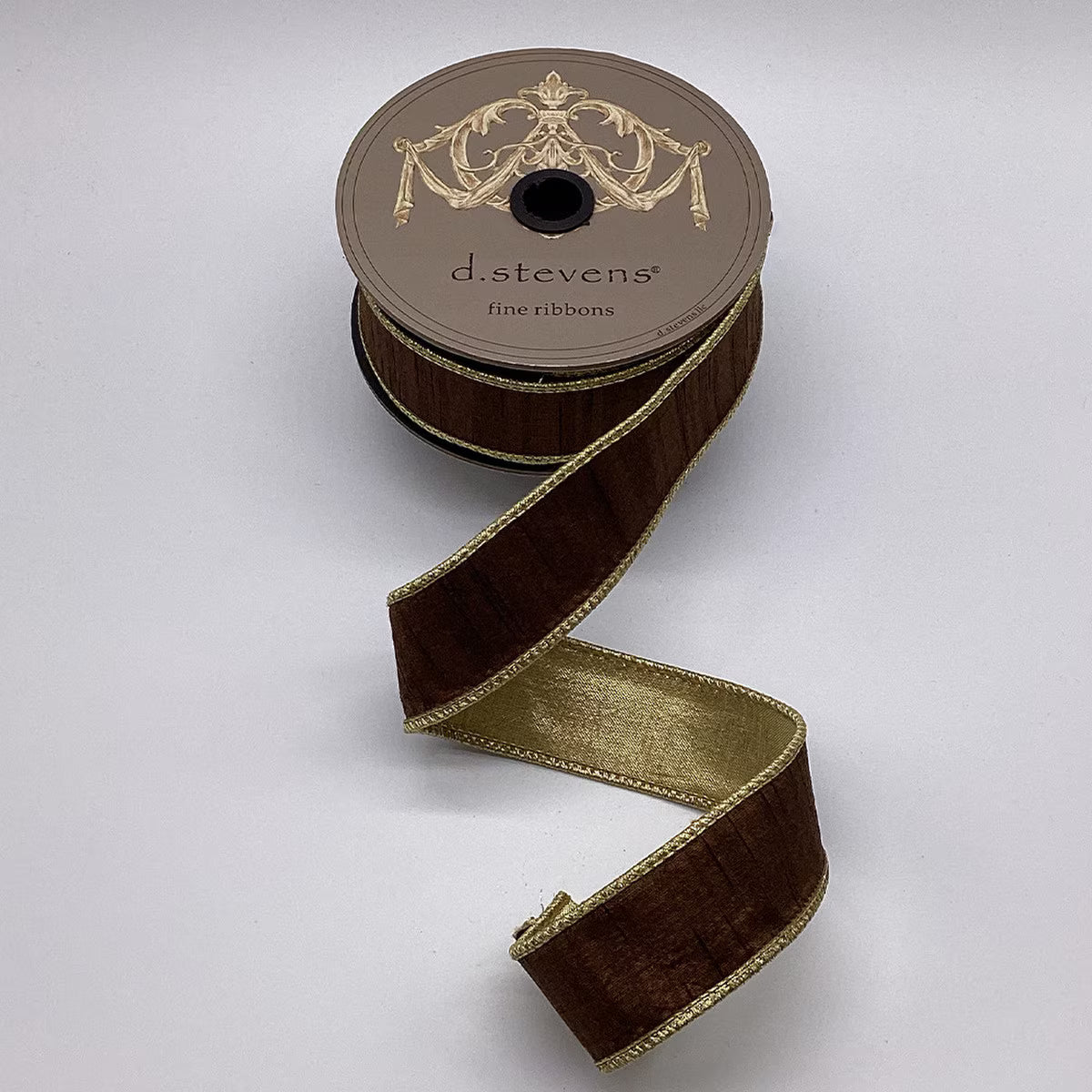 1.5“ x 10yds slub dupion metallic gold back, walnut - Burlap and Bling Decor