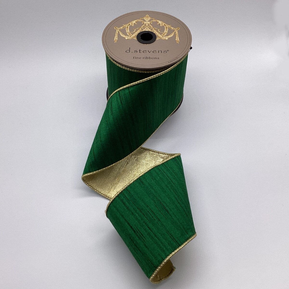 4” x 10yds slub dupion metallic gold back, 
emerald green - Burlap and Bling Decor