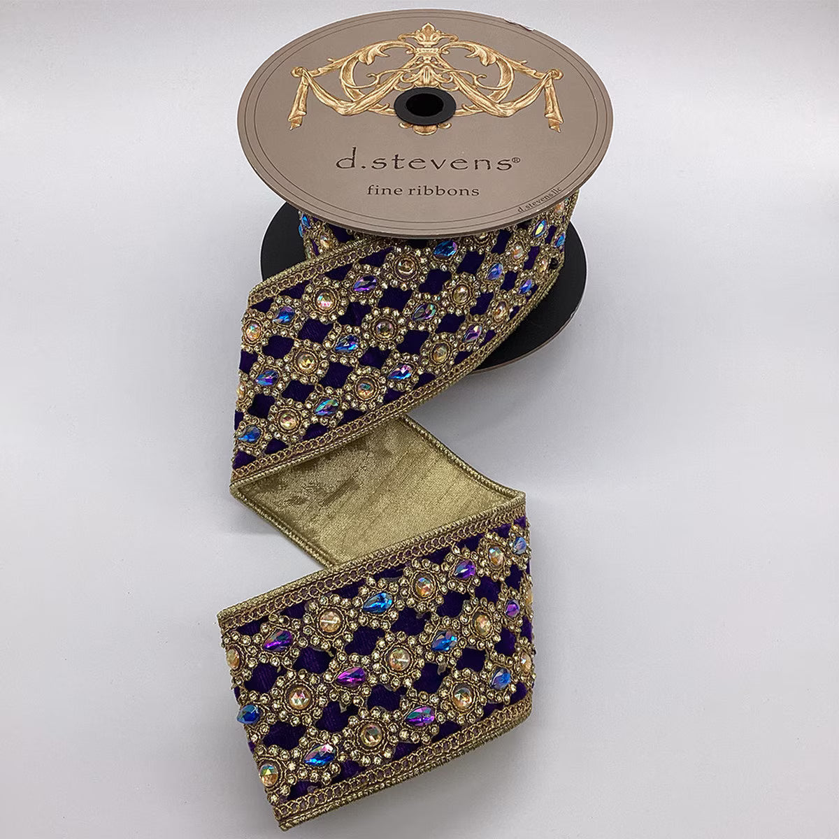 3“ X 5YDS VELVET PURPLE BLUE CHAMPAGNE MARQUESS JEWEL TRIM, PURPLE WIRED RIBBON - Burlap and Bling Decor