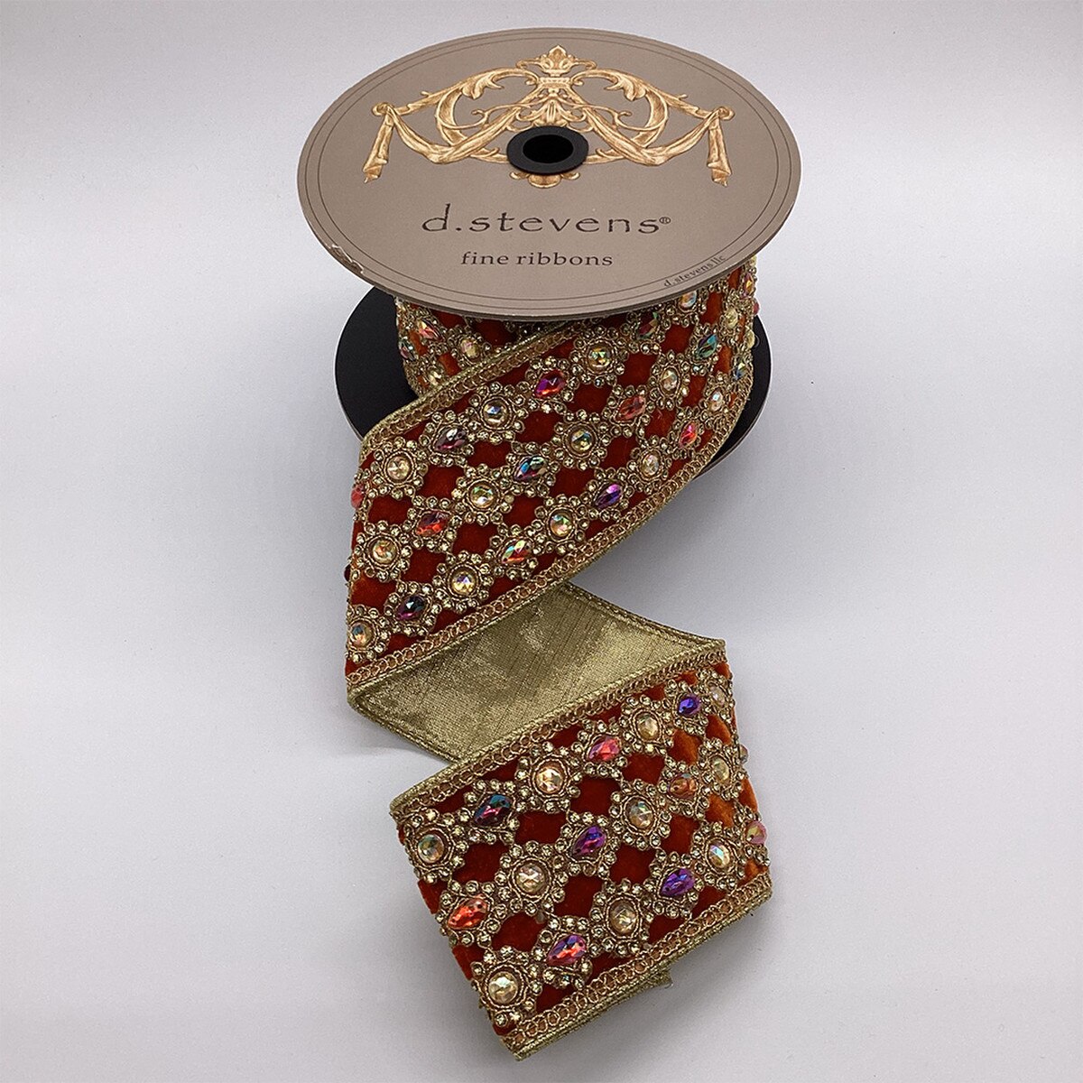 3” x 5yds velvet burgundy persimmon gold marquess jewel trim, rust - Burlap and Bling Decor