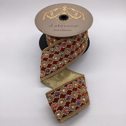 3” x 5yds velvet burgundy persimmon gold marquess jewel trim, rust - Burlap and Bling Decor
