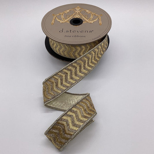 1.5“ X 10YDS METALLIC SILVER BULLION CHEVRON WAVE PATTERN, GOLD WIRED RIBBON - Burlap and Bling Decor