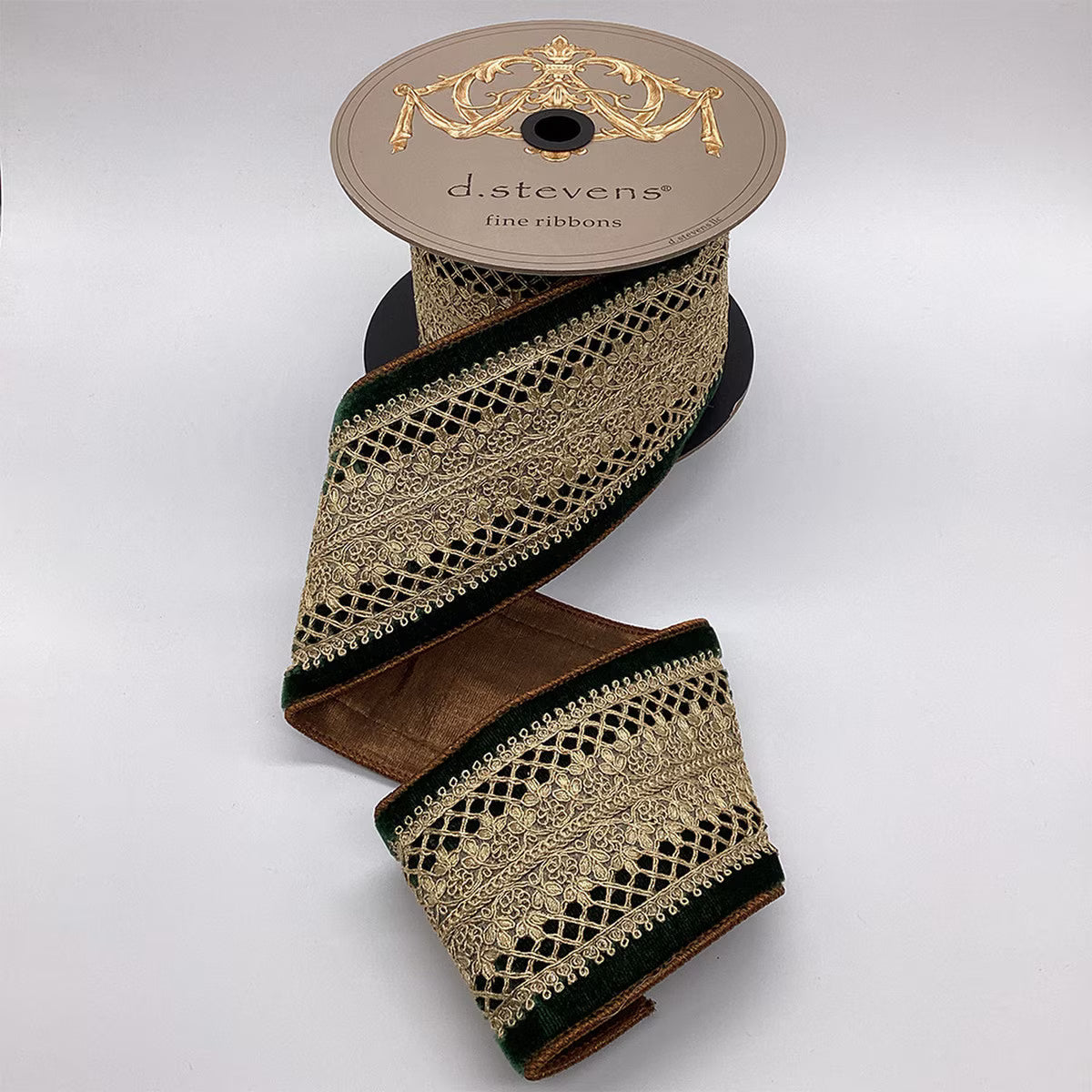 4” X 5YDS VELVET GOLD BARONESS CENTER TRIM, DARK GREEN WIRED RIBBON - Burlap and Bling Decor