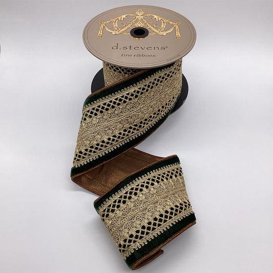 4” X 5YDS VELVET GOLD BARONESS CENTER TRIM, DARK GREEN WIRED RIBBON - Burlap and Bling Decor