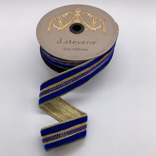 1.5“ X 5YDS VELVET ROYAL BLUE JEWEL CENTER TRIM, NAVY WIRED RIBBON - Burlap and Bling Decor