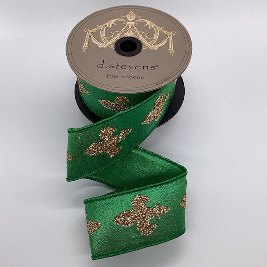 2.5“ X 10YDS METALLIC DUPION GOLD GLITTER FLEUR DE LIS, GREEN WIRED RIBBON - Burlap and Bling Decor