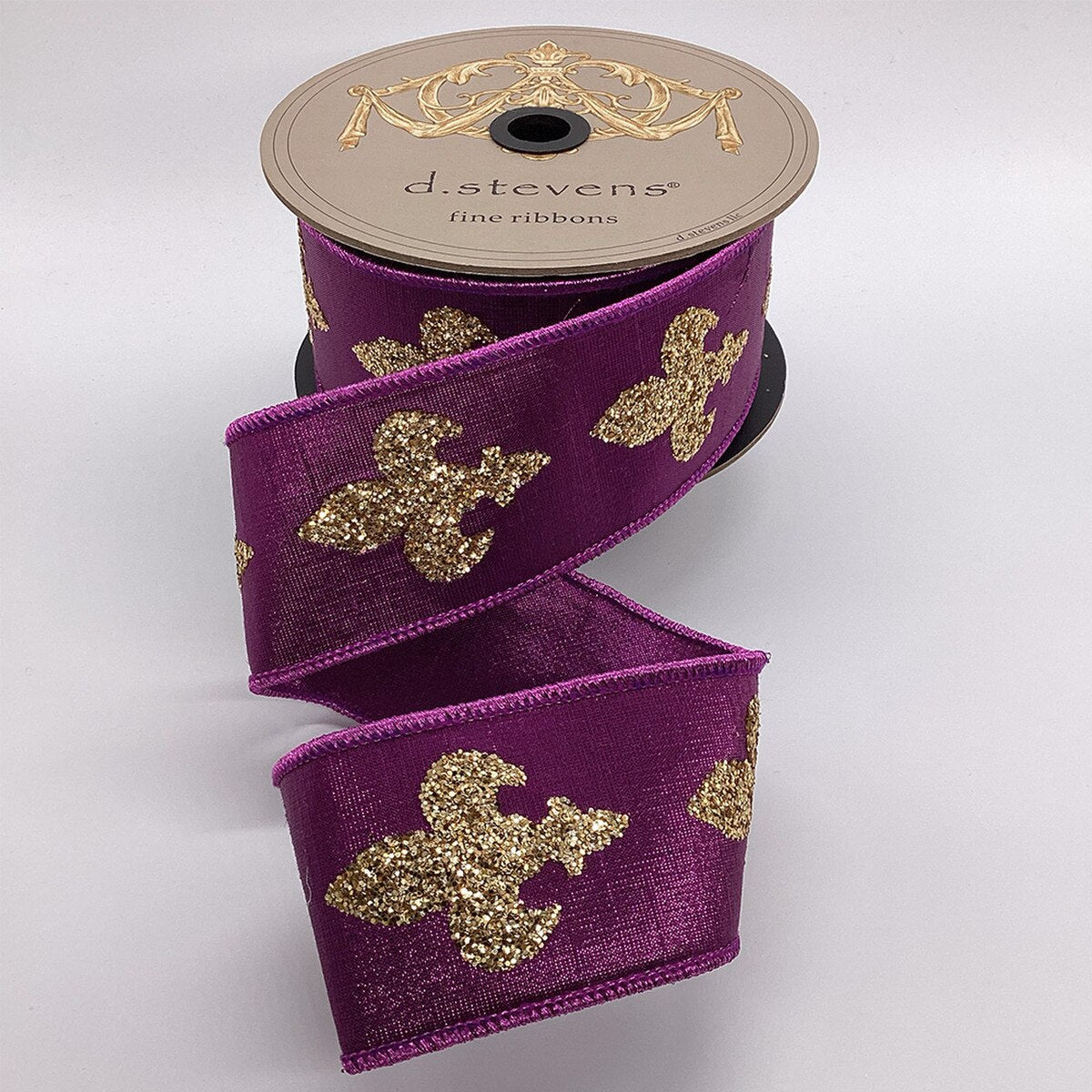 2.5” X 10YDS METALLIC DUPION GOLD GLITTER FLEUR DE LIS, PURPLE WIRED RIBBON - Burlap and Bling Decor