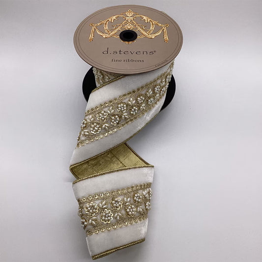 4" x 5yds velvet gold sequin pearl center trim, winter white wired ribbon